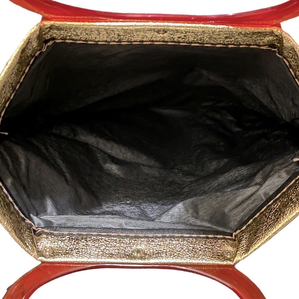 Vintage 60s Large Gold Metallic Tote Bag Clutch Purse With Orange Lucite Handles - Picture 9 of 10